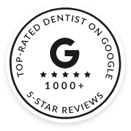 Badge that reads top rated dentist on Google over 1000 5 star reviews