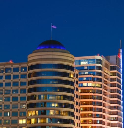 Exterior of university building at night