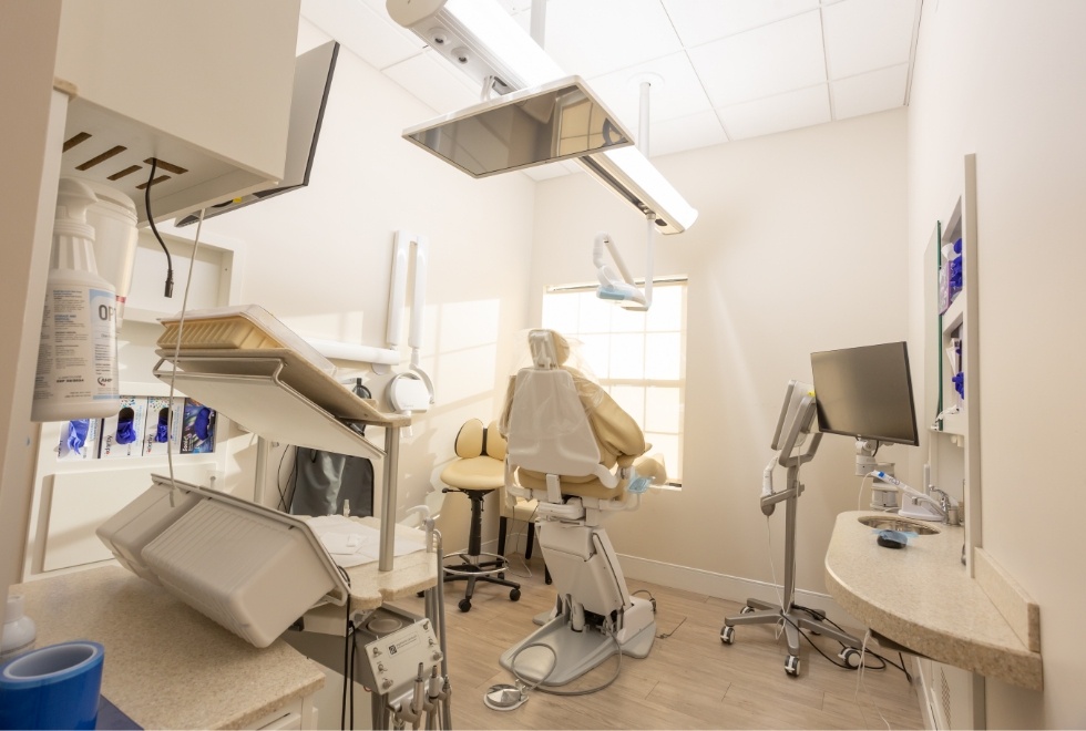 Dental treatment chair from behind