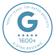 Badge that reads top rated dentist on Google over 1000 5 star reviews