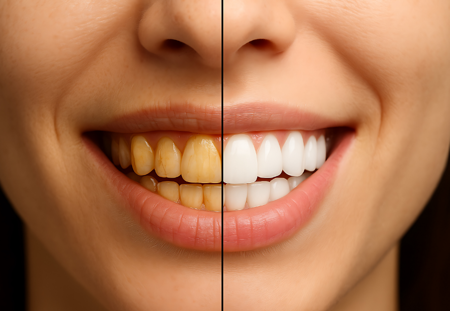 Woman smiling with half yellow teeth, half white teeth