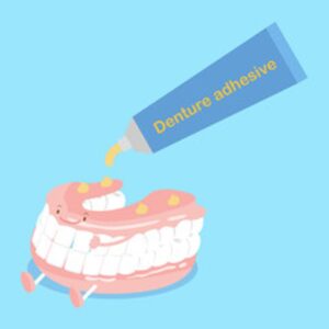Animated rendering of applying adhesive to dentures.